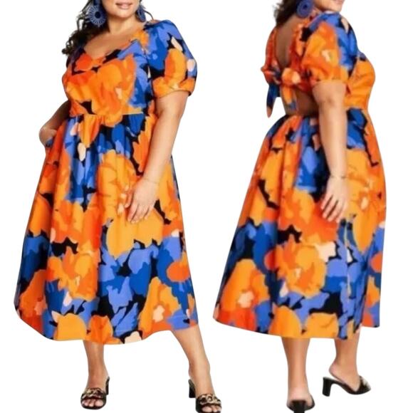 Tabitha Brown Dress Womens 1X Tropical Floral Midi Cottagecore Resortwear Cruise - Picture 1 of 7